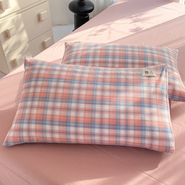 91家纺网 家纺一手货源 找家纺 云家2023无印风色织全棉纯棉水洗棉系列四件套纯色格子 云舒粉