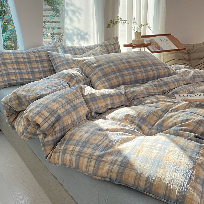 91家纺网 家纺一手货源 找家纺 云家2023无印风色织全棉纯棉水洗棉系列四件套纯色格子 云舒咖