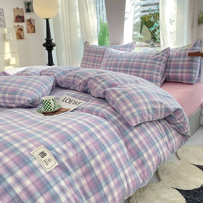 91家纺网 家纺一手货源 找家纺 云家2023无印风色织全棉纯棉水洗棉系列四件套纯色格子 云舒紫