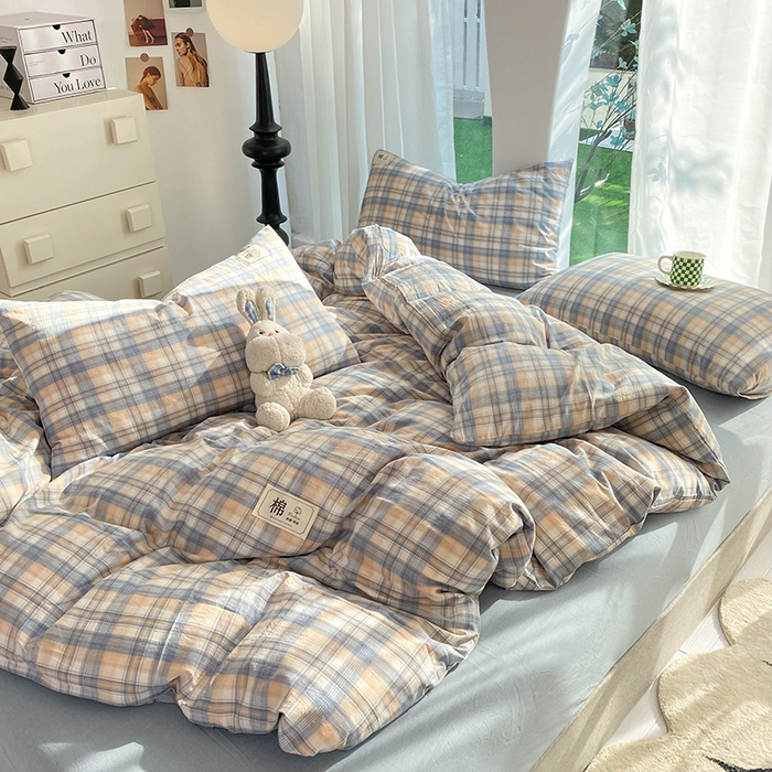 91家纺网 家纺一手货源 找家纺 云家2023无印风色织全棉纯棉水洗棉系列四件套纯色格子 云舒咖