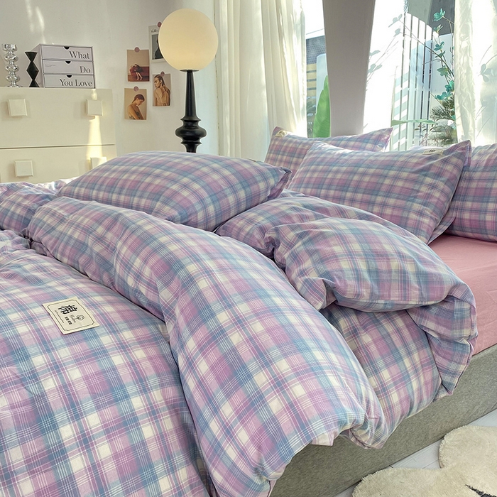 91家纺网 家纺一手货源 找家纺 云家2023无印风色织全棉纯棉水洗棉系列四件套纯色格子 云舒紫