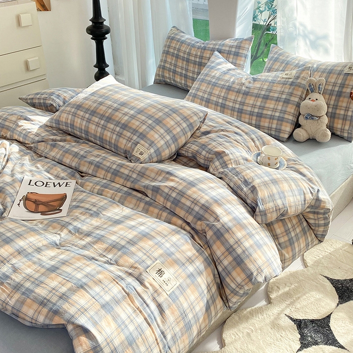 91家纺网 家纺一手货源 找家纺 云家2023无印风色织全棉纯棉水洗棉系列四件套纯色格子 云舒咖