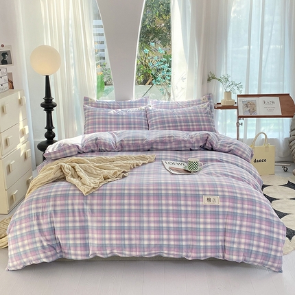 云家2023无印风色织全棉纯棉水洗棉系列四件套纯色格子 云舒紫
