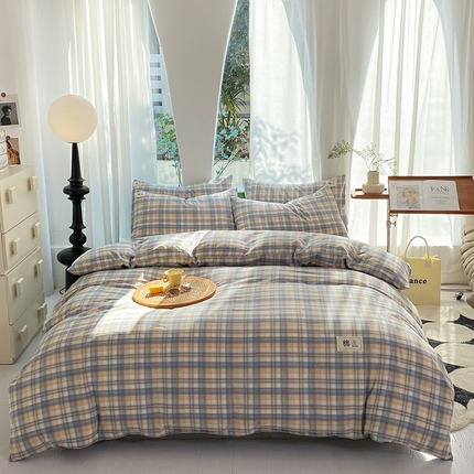 云家2023无印风色织全棉纯棉水洗棉系列四件套纯色格子 云舒咖