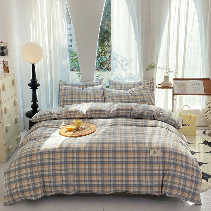 91家纺网 家纺一手货源 找家纺 云家2023无印风色织全棉纯棉水洗棉系列四件套纯色格子 云舒咖