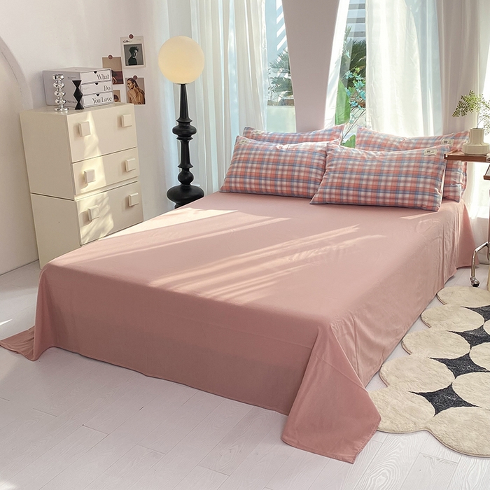 91家纺网 家纺一手货源 找家纺 云家2023无印风色织全棉纯棉水洗棉系列四件套纯色格子 云舒粉