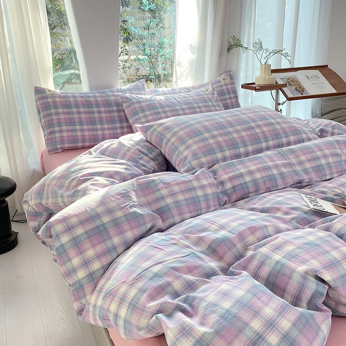 91家纺网 家纺一手货源 找家纺 云家2023无印风色织全棉纯棉水洗棉系列四件套纯色格子 云舒紫