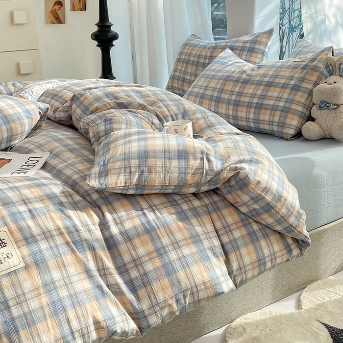 91家纺网 家纺一手货源 找家纺 云家2023无印风色织全棉纯棉水洗棉系列四件套纯色格子 云舒咖