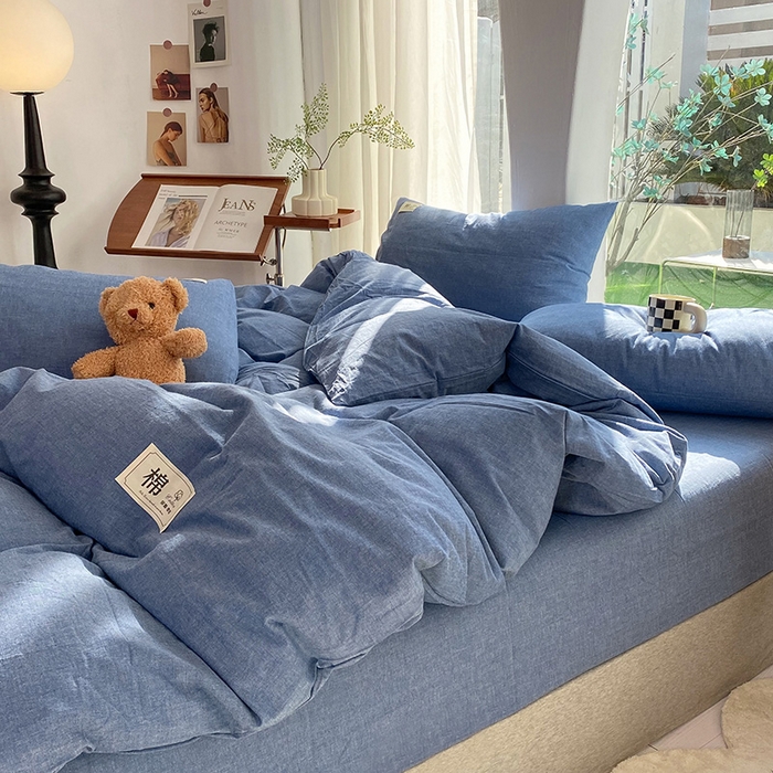 91家纺网 家纺一手货源 找家纺 云家2023无印风色织全棉纯棉水洗棉系列四件套纯色格子 运动蓝