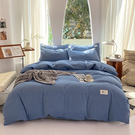 云家2023无印风色织全棉纯棉水洗棉系列四件套纯色格子 运动蓝