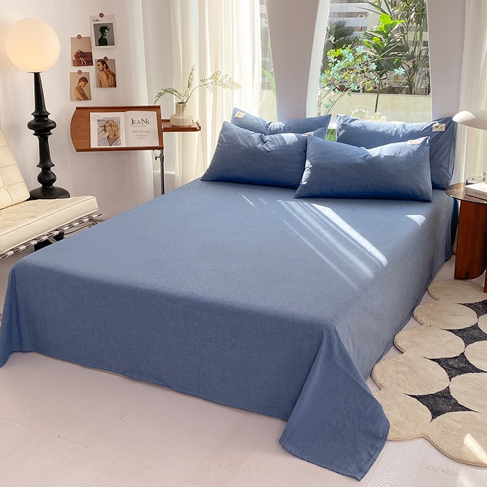 91家纺网 家纺一手货源 找家纺 云家2023无印风色织全棉纯棉水洗棉系列四件套纯色格子 运动蓝