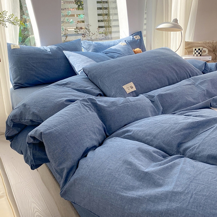 91家纺网 家纺一手货源 找家纺 云家2023无印风色织全棉纯棉水洗棉系列四件套纯色格子 运动蓝