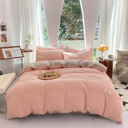 91家纺网 家纺一手货源 找家纺 云家2023无印风色织全棉纯棉水洗棉系列四件套纯色格子 豆沙-米灰双拼