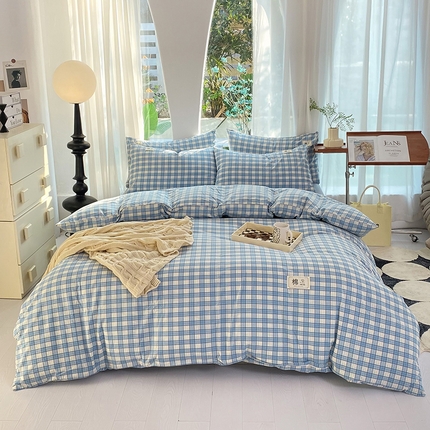 91家纺网 家纺一手货源 找家纺 云家2023无印风色织全棉纯棉水洗棉系列四件套纯色格子 法尔曼蓝