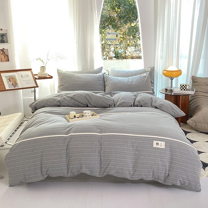 91家纺网 家纺一手货源 找家纺 云家2023无印风色织全棉纯棉水洗棉系列四件套纯色格子 光阴灰