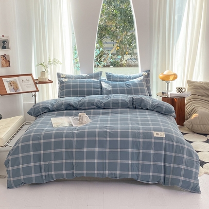 91家纺网 家纺一手货源 找家纺 云家2023无印风色织全棉纯棉水洗棉系列四件套纯色格子 海蓝大格