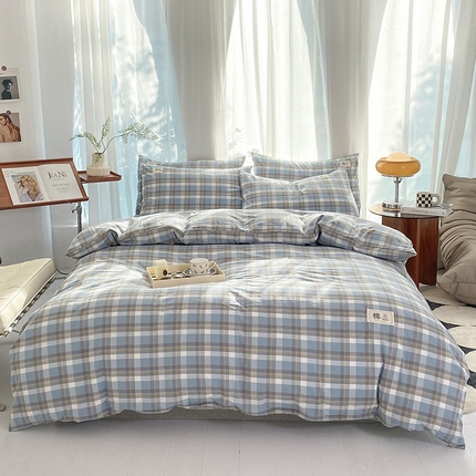 91家纺网 家纺一手货源 找家纺 总 云家2023新款无印风色织全棉纯棉水洗棉系列四件套纯色格子