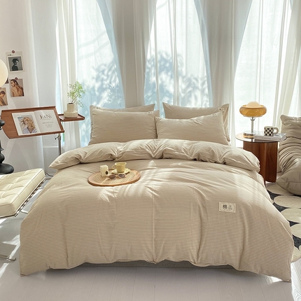 91家纺网 家纺一手货源 找家纺 云家2023无印风色织全棉纯棉水洗棉系列四件套纯色格子 米细条