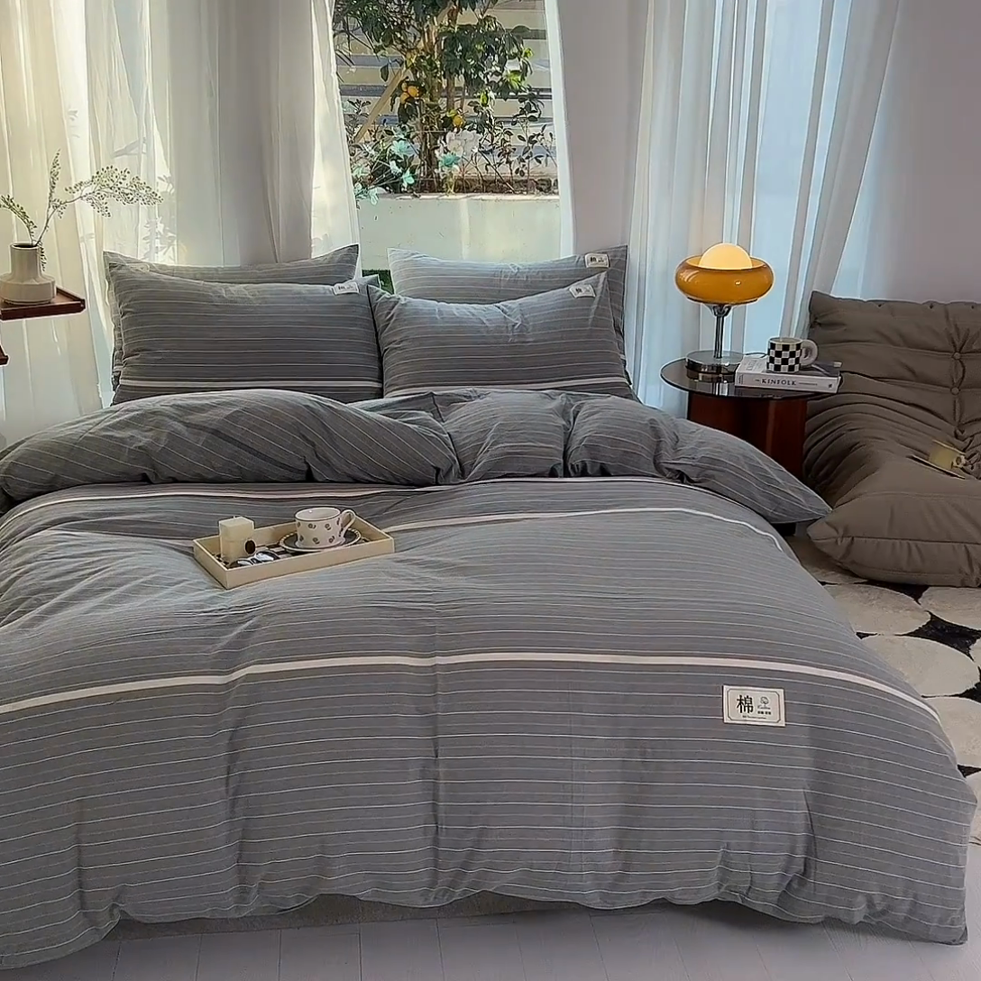 91家纺网 家纺一手货源 找家纺 云家2023无印风色织全棉纯棉水洗棉系列四件套纯色格子 光阴灰