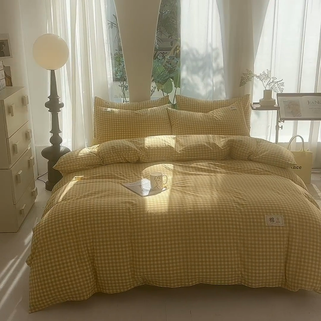 91家纺网 家纺一手货源 找家纺 云家2023无印风色织全棉纯棉水洗棉系列四件套纯色格子 黄小格