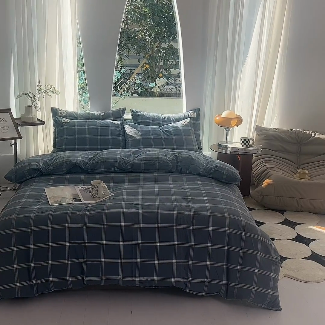 91家纺网 家纺一手货源 找家纺 云家2023无印风色织全棉纯棉水洗棉系列四件套纯色格子 海蓝大格