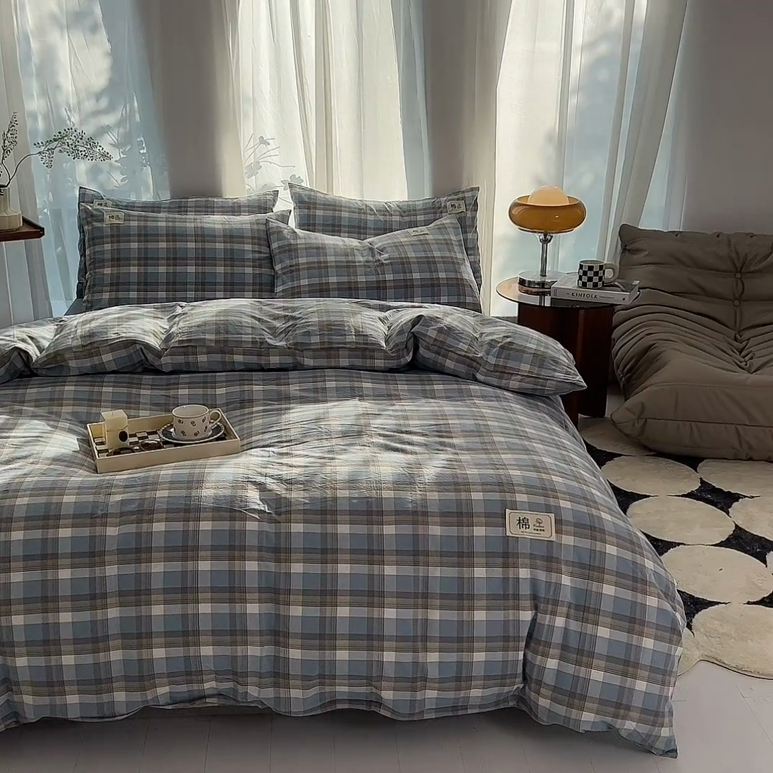 91家纺网 家纺一手货源 找家纺 云家2023无印风色织全棉纯棉水洗棉系列四件套纯色格子 简兮兰