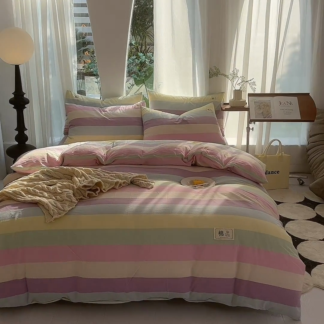 91家纺网 家纺一手货源 找家纺 云家2023无印风色织全棉纯棉水洗棉系列四件套纯色格子 彩虹糖