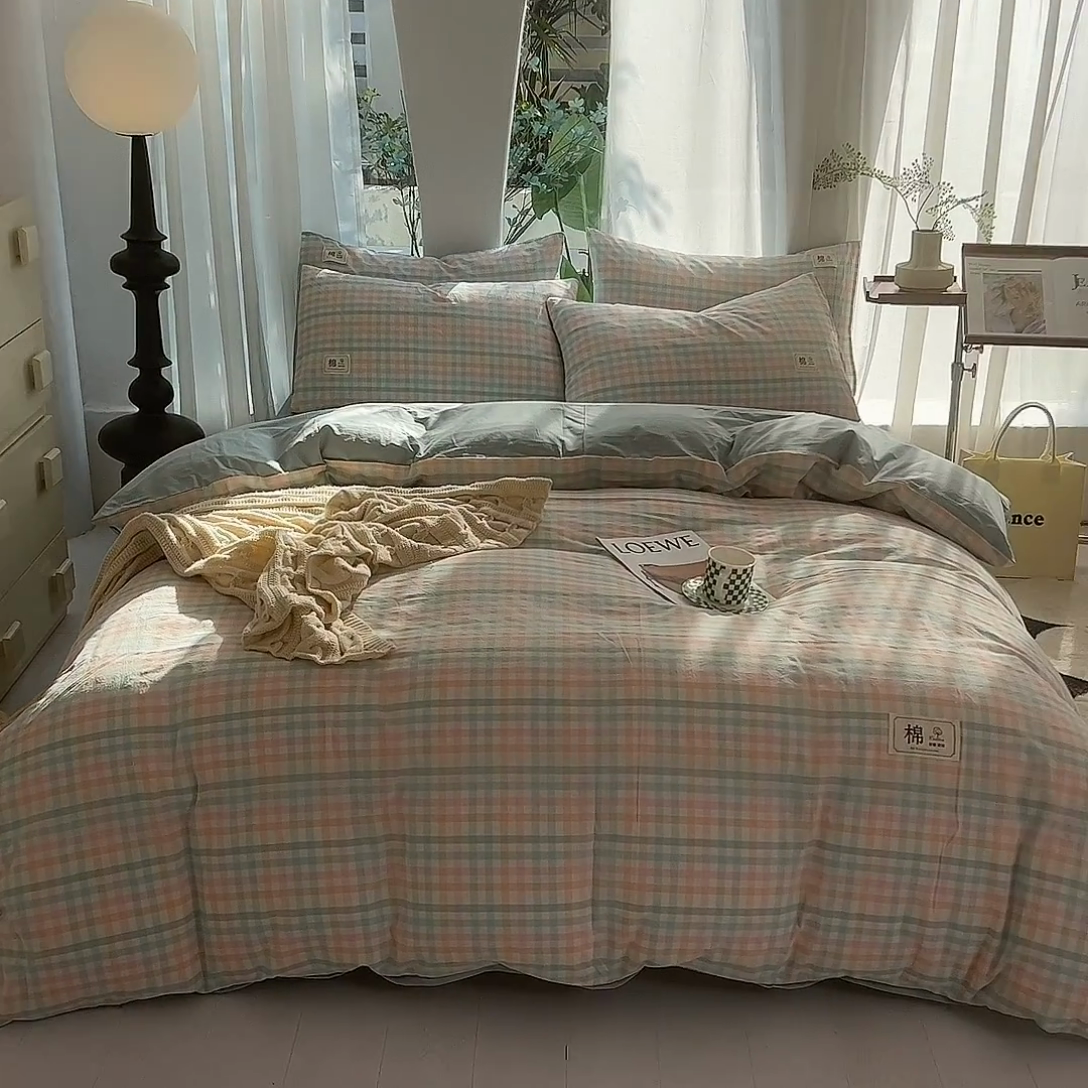 91家纺网 家纺一手货源 找家纺 云家2023无印风色织全棉纯棉水洗棉系列四件套纯色格子 冰激凌绿