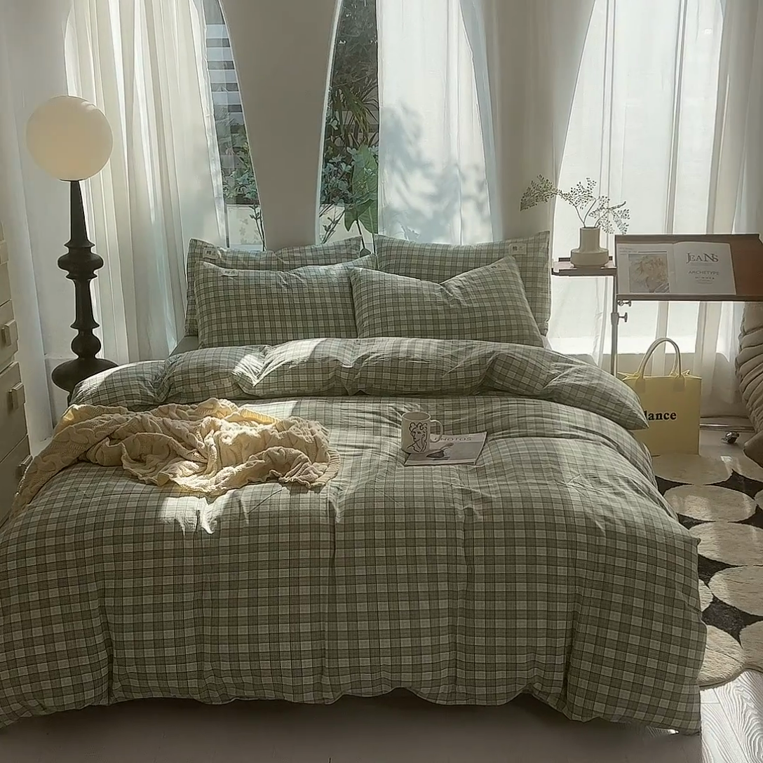 91家纺网 家纺一手货源 找家纺 云家2023无印风色织全棉纯棉水洗棉系列四件套纯色格子 法尔曼绿