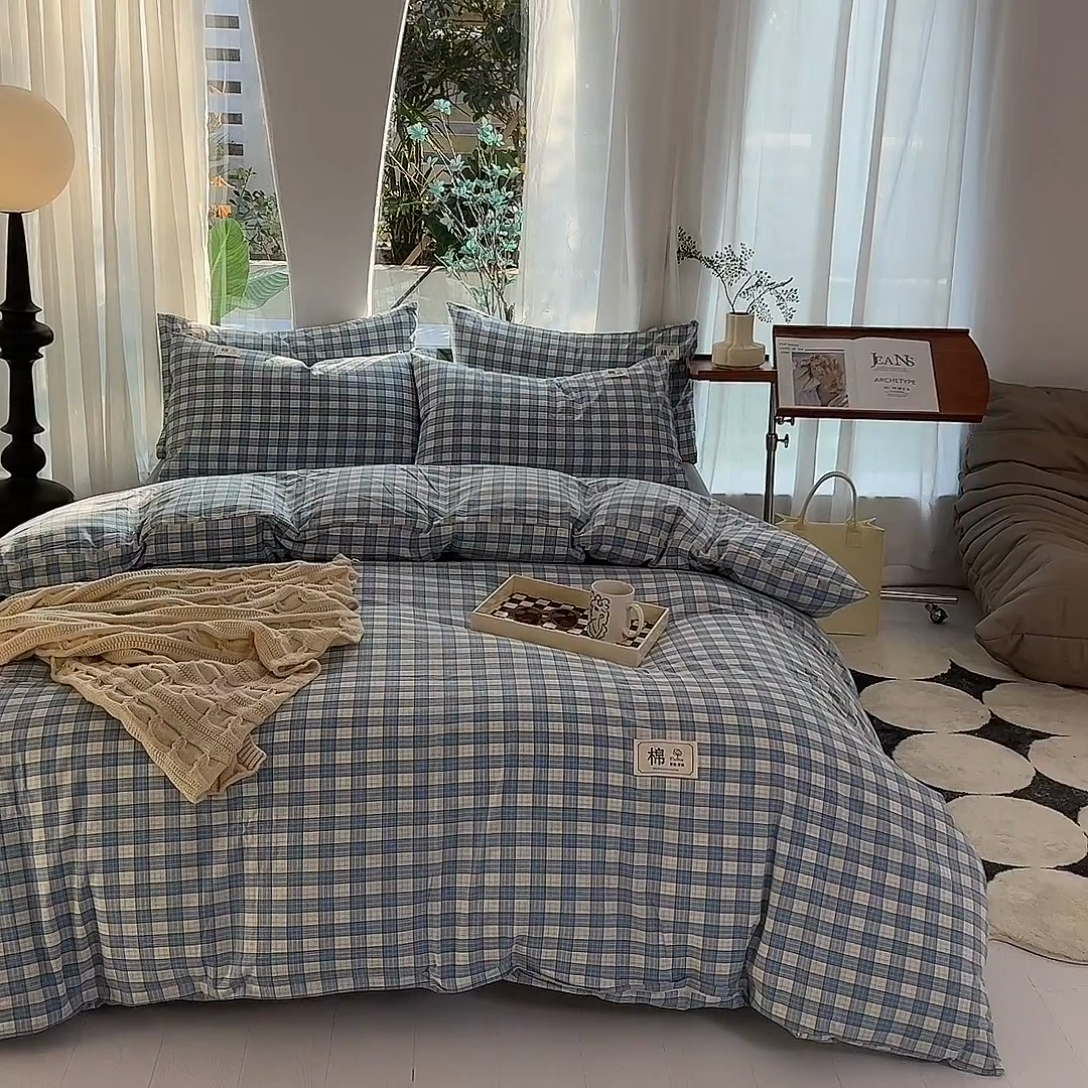 91家纺网 家纺一手货源 找家纺 云家2023无印风色织全棉纯棉水洗棉系列四件套纯色格子 法尔曼蓝