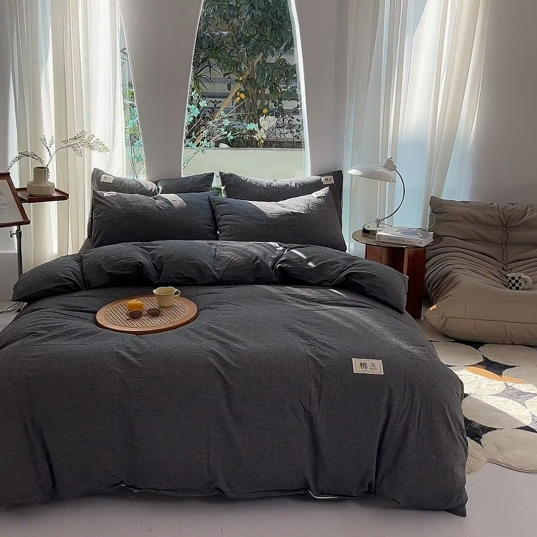 91家纺网 家纺一手货源 找家纺 云家2023无印风色织全棉纯棉水洗棉系列四件套纯色格子 低调灰