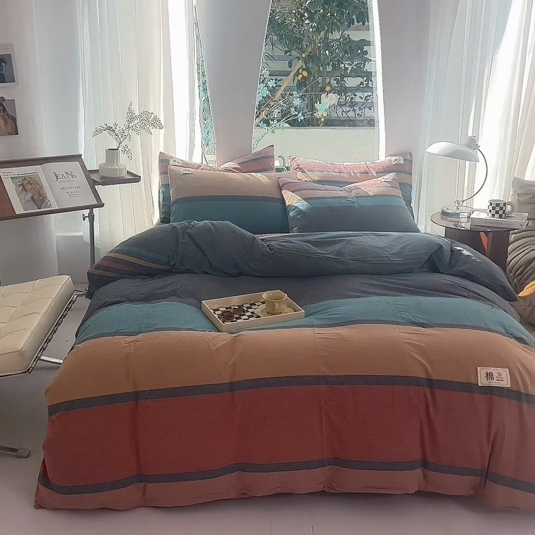 91家纺网 家纺一手货源 找家纺 云家2023无印风色织全棉纯棉水洗棉系列四件套纯色格子 斯诺克