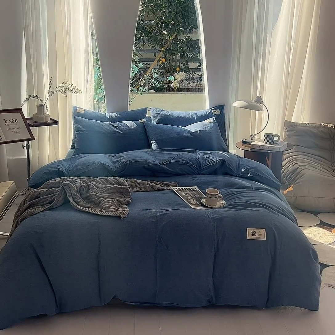 91家纺网 家纺一手货源 找家纺 云家2023无印风色织全棉纯棉水洗棉系列四件套纯色格子 运动蓝