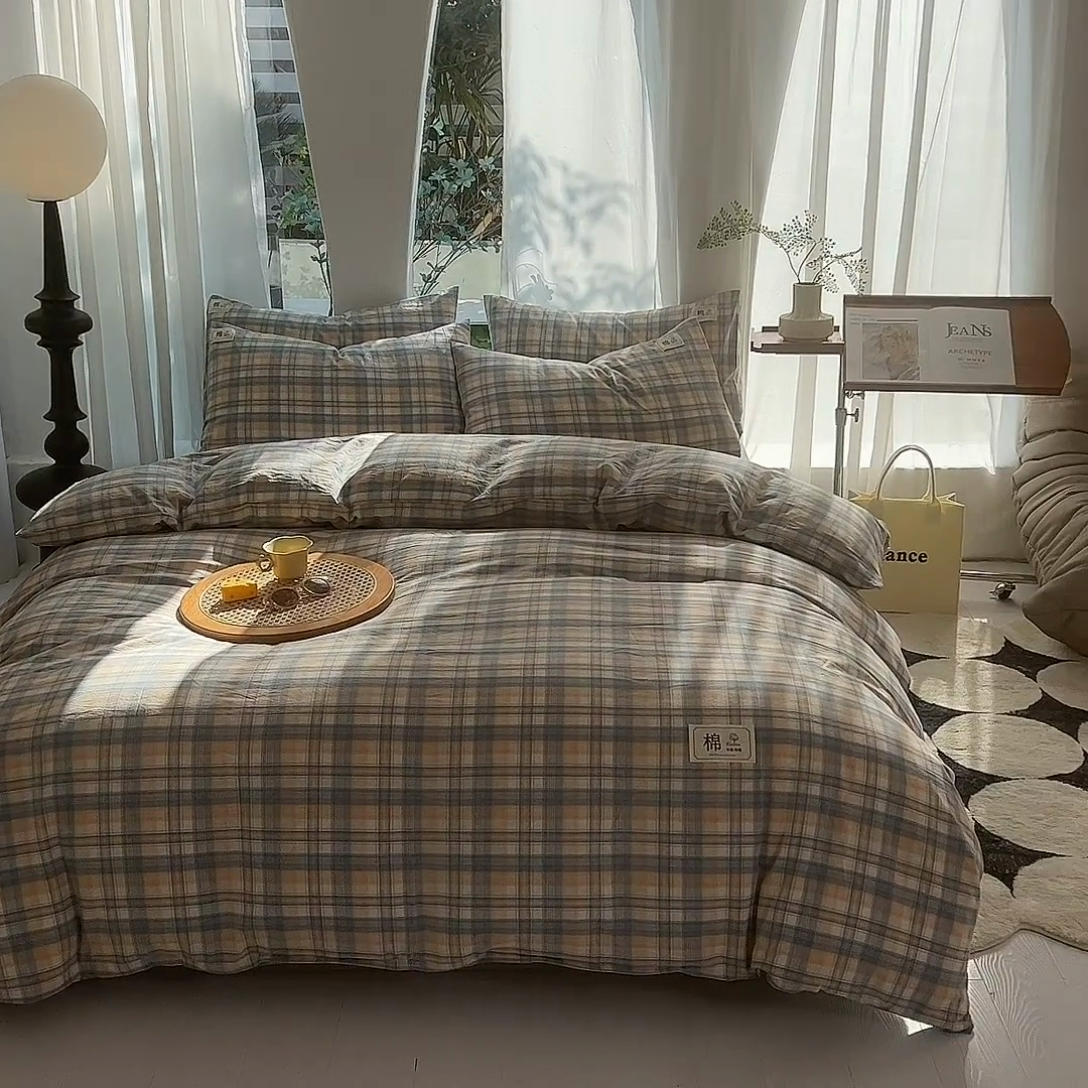 91家纺网 家纺一手货源 找家纺 云家2023无印风色织全棉纯棉水洗棉系列四件套纯色格子 洛卡灰