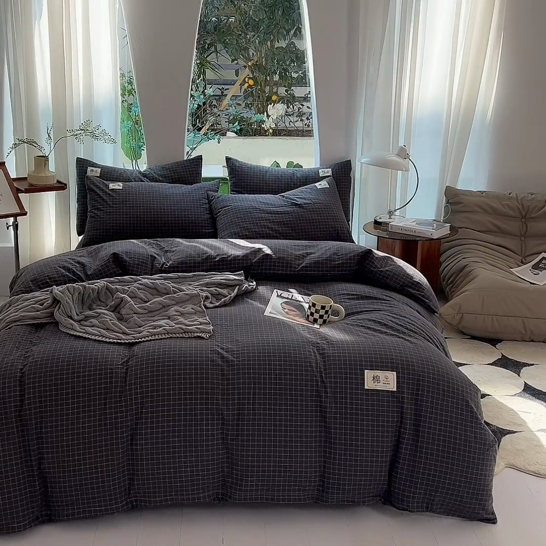 91家纺网 家纺一手货源 找家纺 云家2023无印风色织全棉纯棉水洗棉系列四件套纯色格子 小灰格