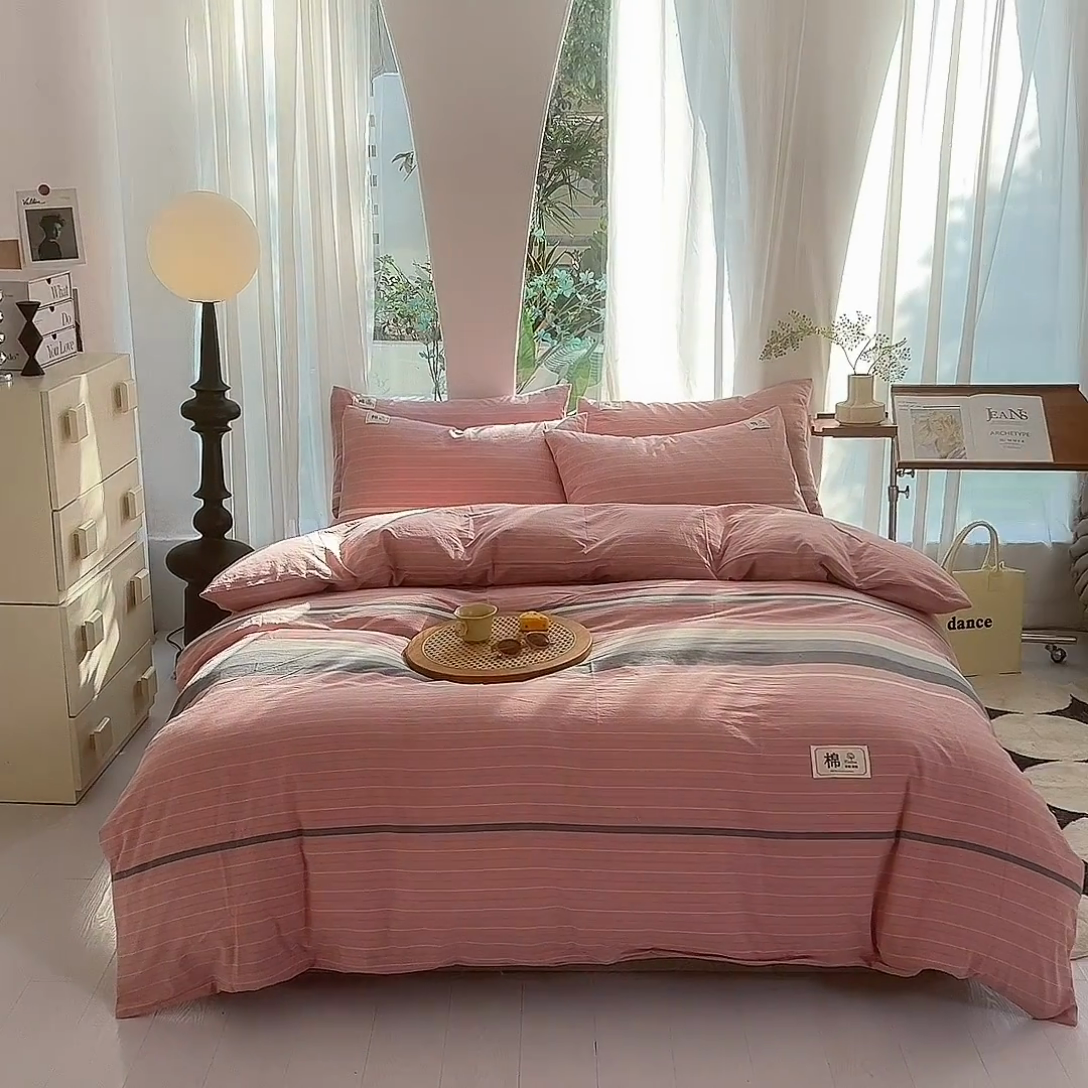 91家纺网 家纺一手货源 找家纺 云家2023无印风色织全棉纯棉水洗棉系列四件套纯色格子 豆蔻粉