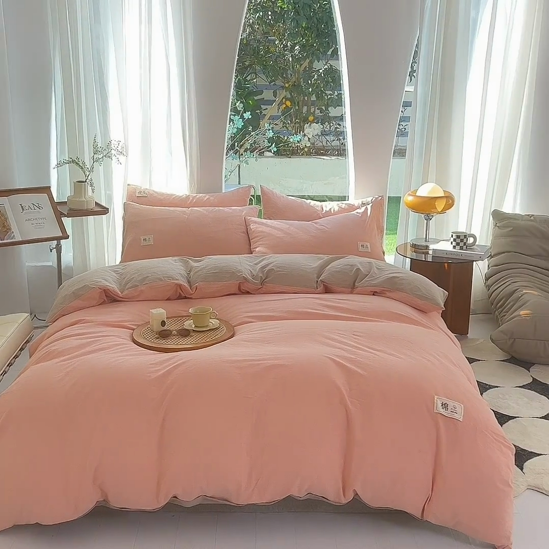 91家纺网 家纺一手货源 找家纺 云家2023无印风色织全棉纯棉水洗棉系列四件套纯色格子 豆沙-米灰双拼