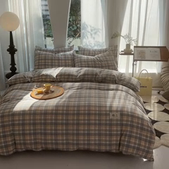 91家纺网 家纺一手货源 找家纺 云家2023无印风色织全棉纯棉水洗棉系列四件套纯色格子 云舒咖