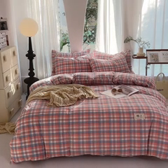 91家纺网 家纺一手货源 找家纺 云家2023无印风色织全棉纯棉水洗棉系列四件套纯色格子 云舒粉