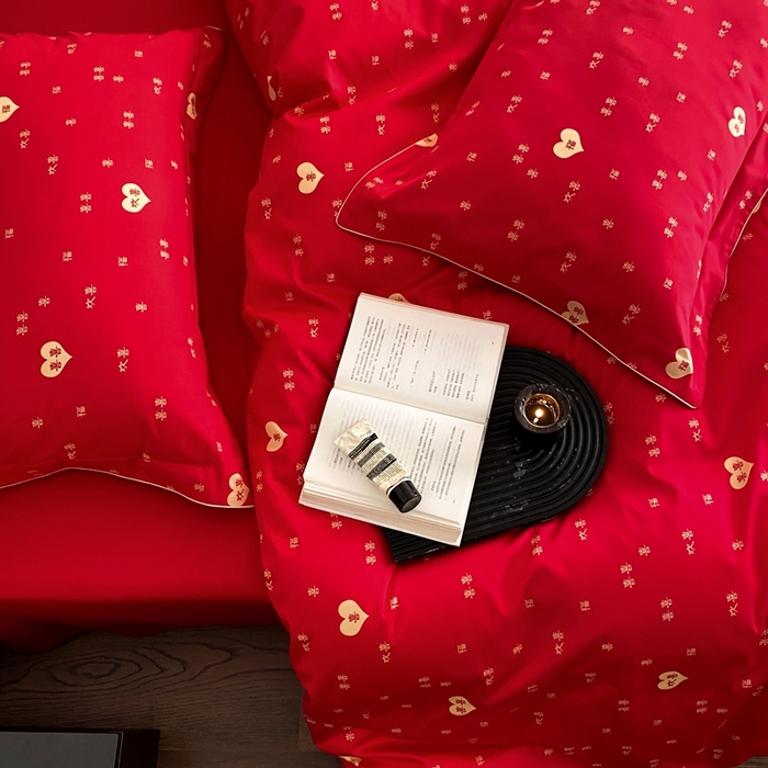 91家纺网 家纺一手货源 找家纺 若未家居 2023新款时尚婚庆四件套  囍