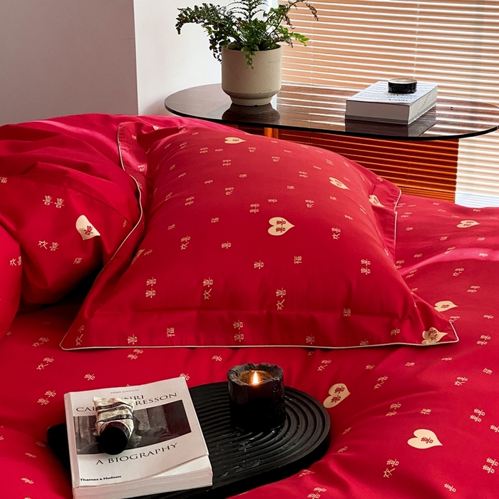 91家纺网 家纺一手货源 找家纺 若未家居 2023新款时尚婚庆四件套  囍