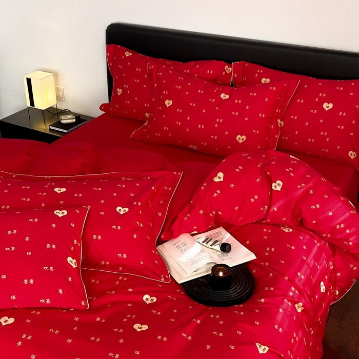 91家纺网 家纺一手货源 找家纺 若未家居 2023新款时尚婚庆四件套  囍