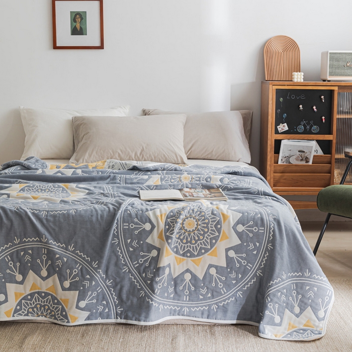 91家纺网 家纺一手货源 找家纺 朴尔 2023年抽象风格六层纱布毛巾被系列-朴尔经典款常年备货 洛丽塔-蓝