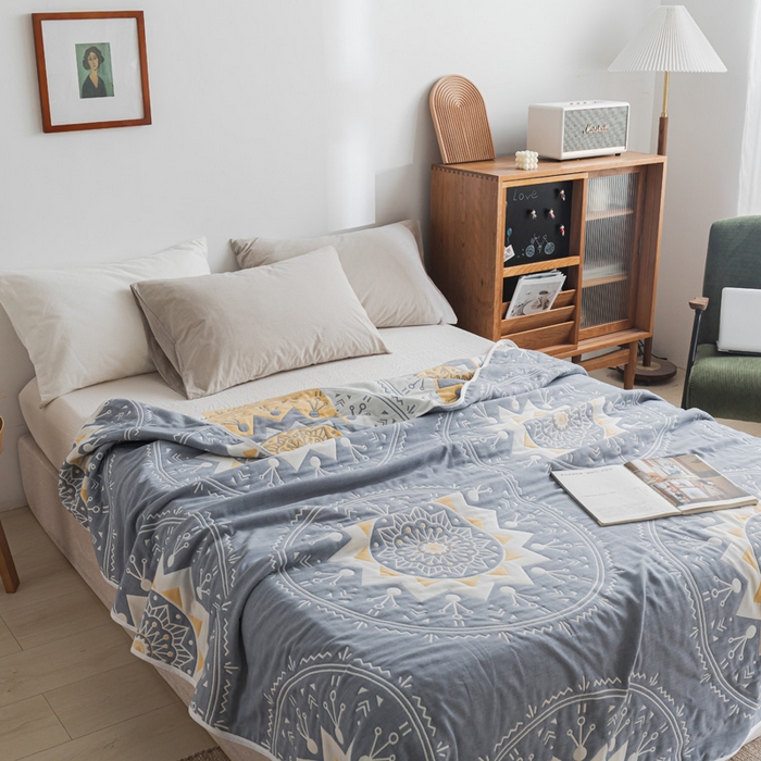 91家纺网 家纺一手货源 找家纺 朴尔 2023年抽象风格六层纱布毛巾被系列-朴尔经典款常年备货 洛丽塔-蓝