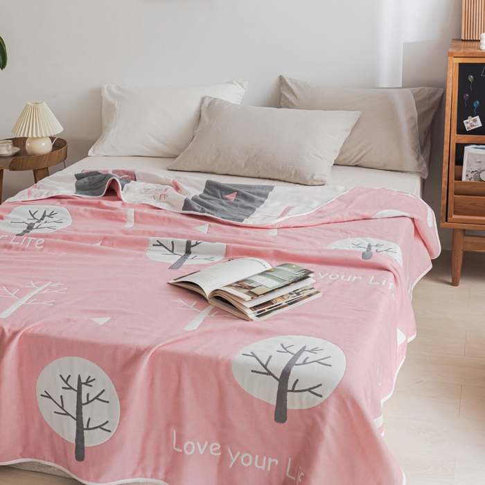 91家纺网 家纺一手货源 找家纺 朴尔 2023年抽象风格六层纱布毛巾被系列-朴尔经典款常年备货 幸福小树-粉