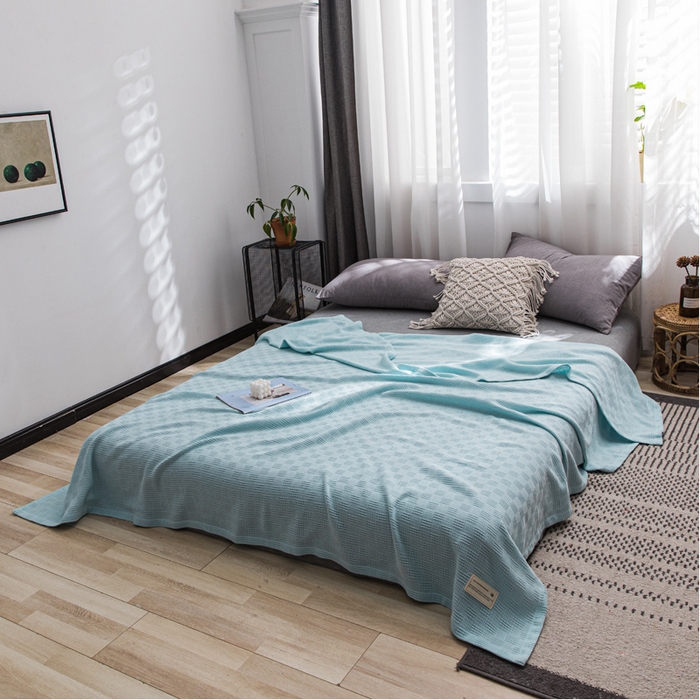 91家纺网 家纺一手货源 找家纺 朴尔家纺 2023年加厚纯色线毯纱布毛巾被 素色纯棉肌理线毯-水绿