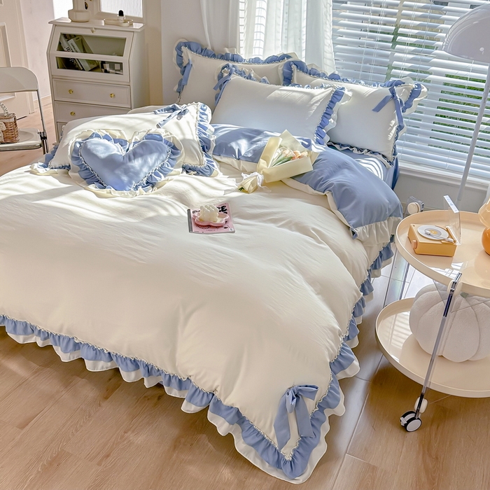 91家纺网 家纺一手货源 找家纺 （总）言熙居 2024新款直播韩版花边水洗棉麻三件四件套小清新公主风