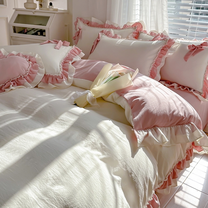 91家纺网 家纺一手货源 找家纺 言熙居 2024新款直播韩版花边水洗棉麻三件四件套小清新-白玉