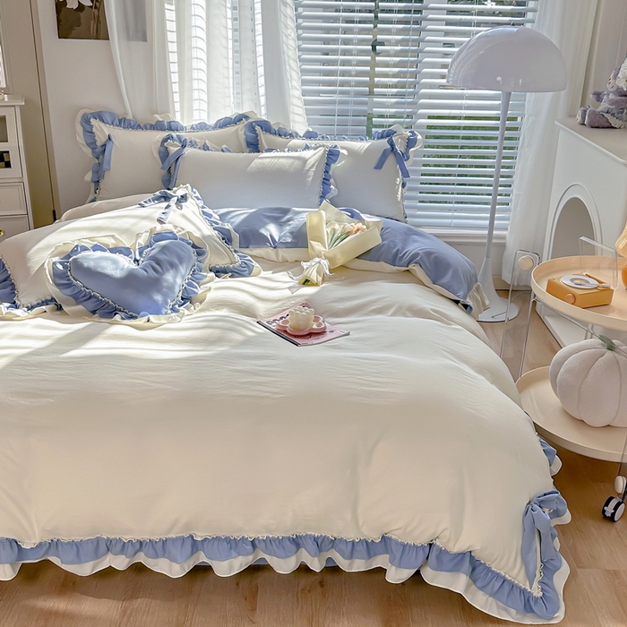 91家纺网 家纺一手货源 找家纺 言熙居 2024新款直播韩版花边水洗棉麻三件四件套小清新-白蓝