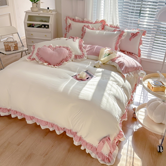 91家纺网 家纺一手货源 找家纺 言熙居 2024新款直播韩版花边水洗棉麻三件四件套小清新-白玉